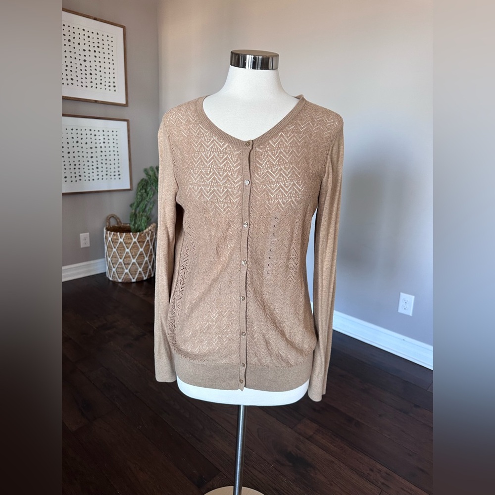 LOFT by Ann Taylor Preppy Old Money Neutral 100% Cotton Cardigan Camel Large NWT